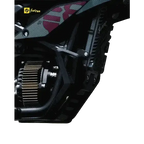 Black sulfcon engine cover with purple white graphics on 5000W Sur Ron Hyperbee