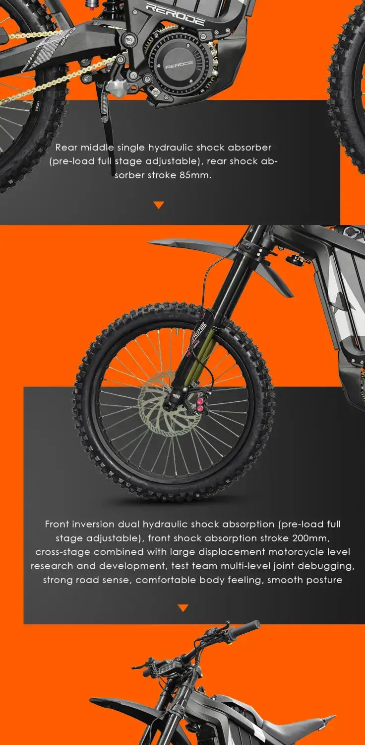 HEZZO 8000W Electric Dirt Bike 72v 35Ah Electric Bike Middrive Rerode R1 Ebike Off Road E Moto 53MPH 75 Miles Long