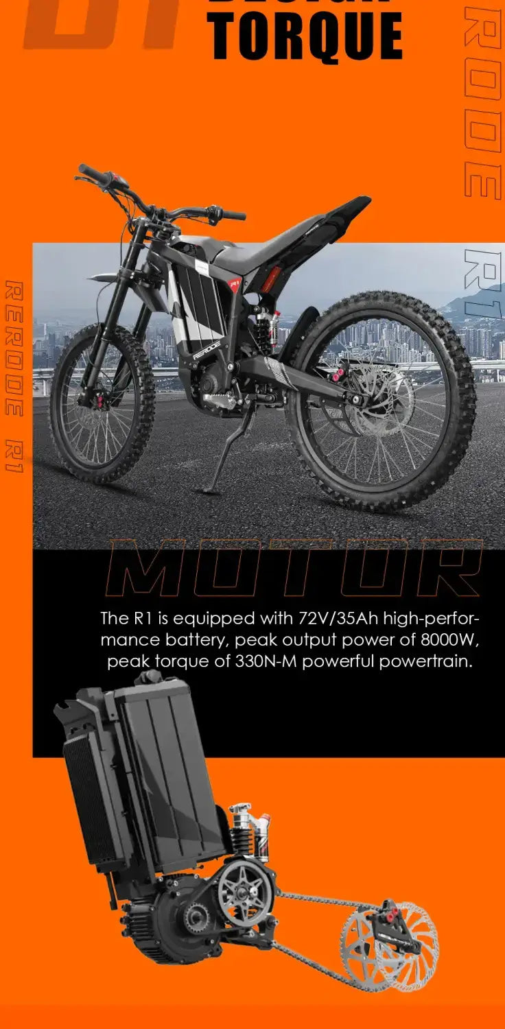 HEZZO 8000W Electric Dirt Bike 72v 35Ah Electric Bike Middrive Rerode R1 Ebike Off Road E Moto 53MPH 75 Miles Long