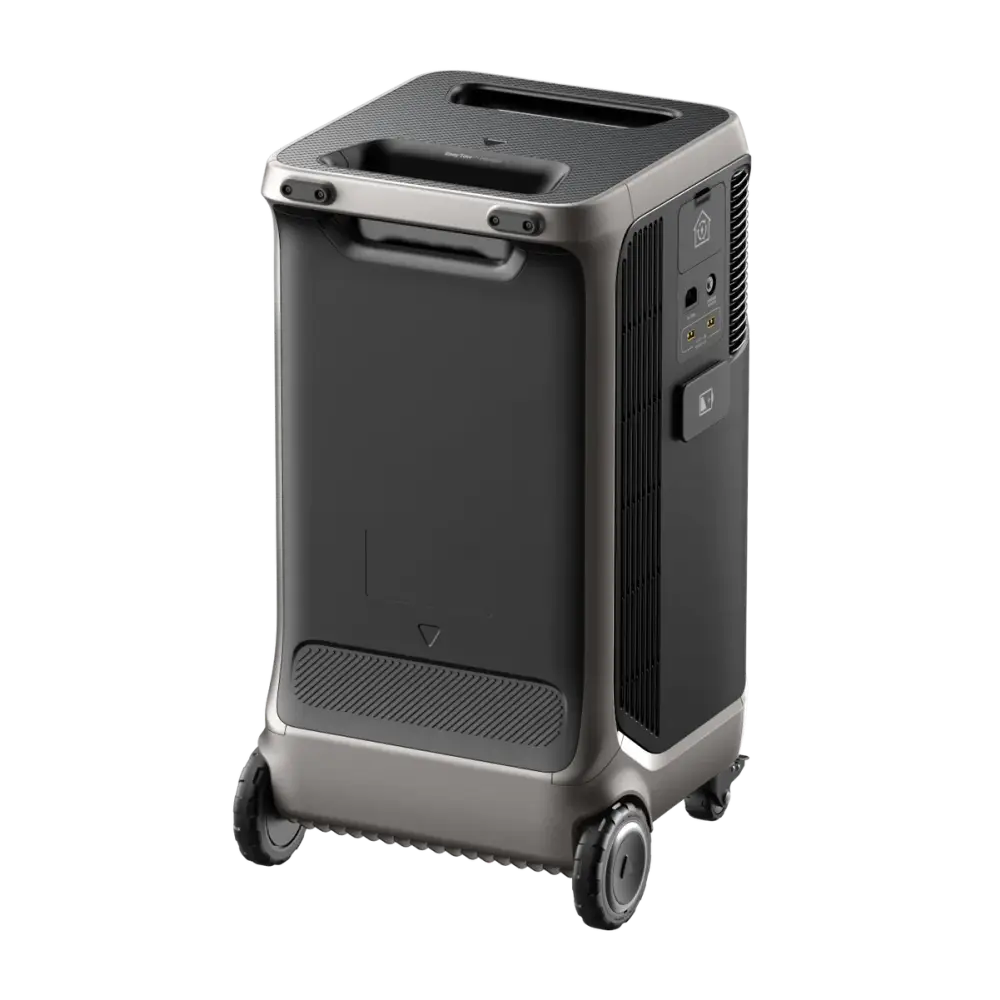 Black and silver LG portable air purifier with wheels on Anker SOLIX F3800