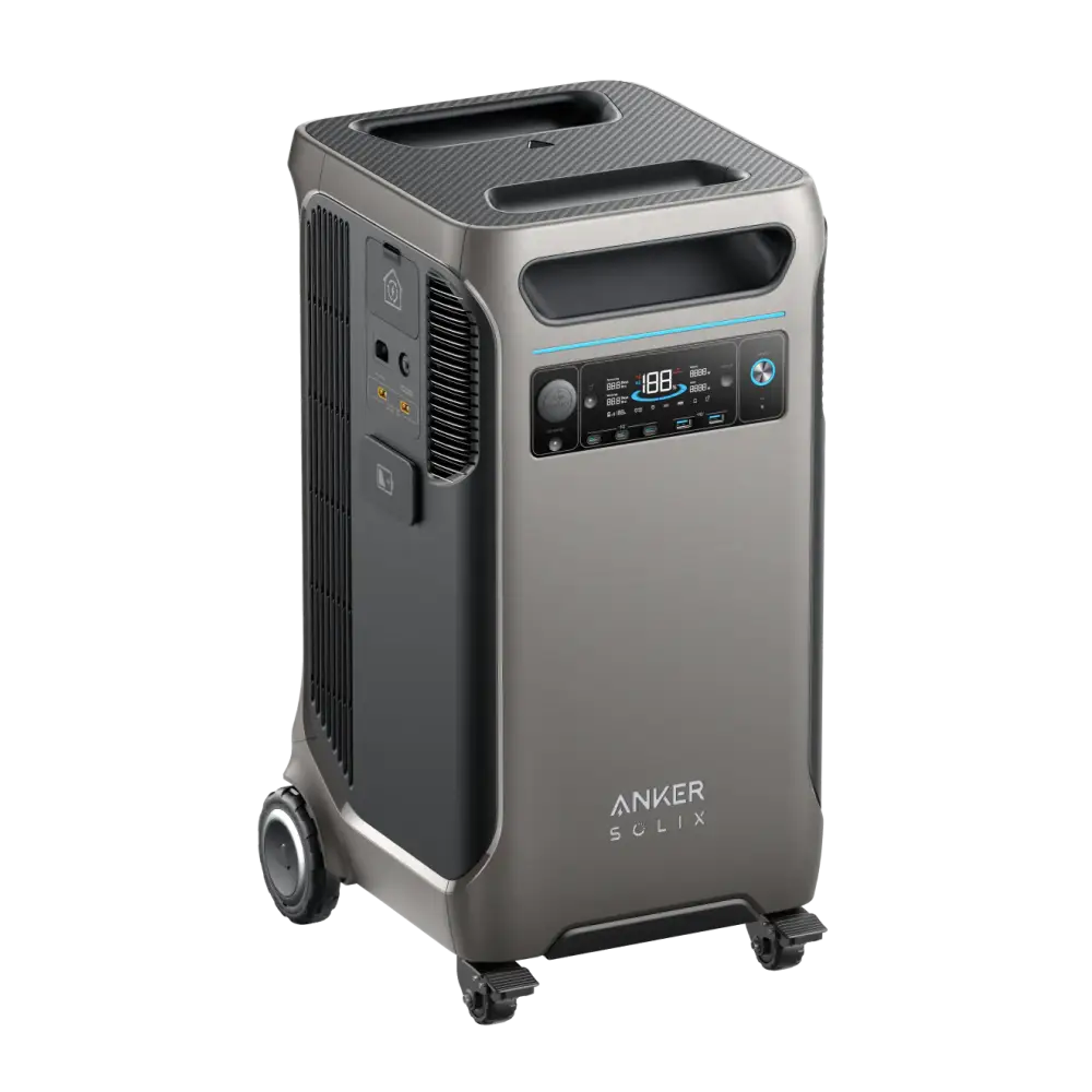 Anker SOLIX F3800 portable power station in silver and black with wheels