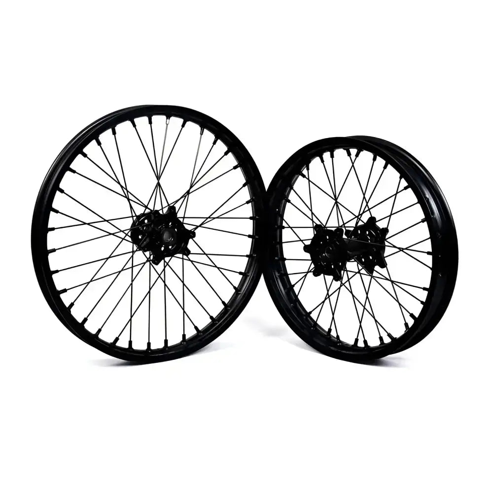 Black Sur Ron Ultra Bee 19/16 inch aluminum wheel set with rainbow spokes and disc brake