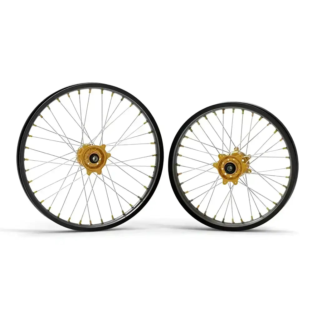 Gold and black Sur Ron Ultra Bee 19/16 inch aluminum wheel set with rainbow spokes