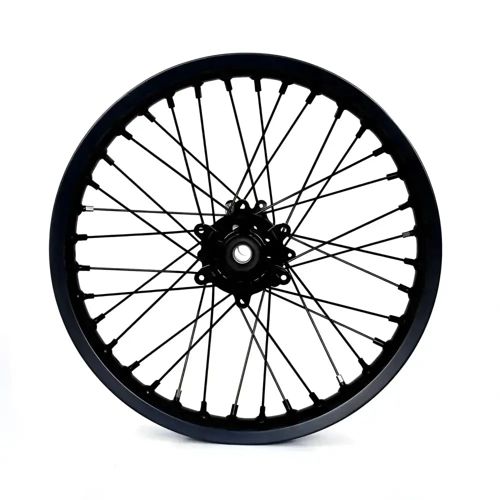 Black 19-inch Sur Ron Ultra Bee aluminum motorcycle wheel with rainbow spokes