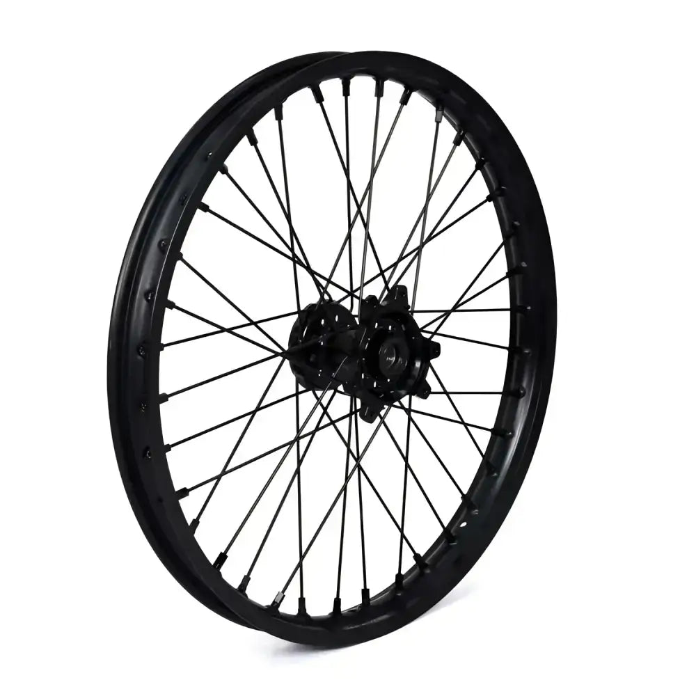 Matte black 19-inch Sur Ron Ultra Bee aluminum wheel with rainbow spoked design and disc brake