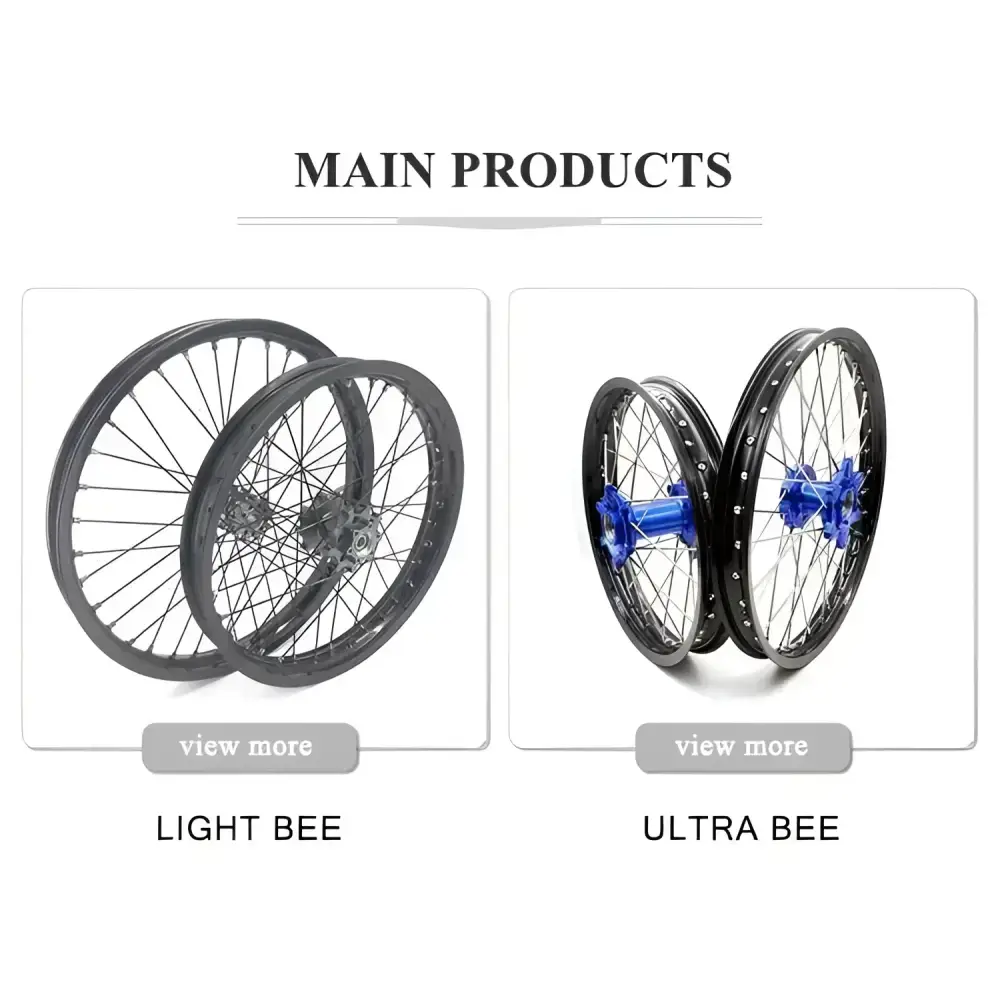 Sur Ron Ultra Bee 19/16 inch aluminum wheels with blue hubs, black rims, rainbow spokes, lightweight design