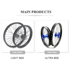 Sur Ron Ultra Bee 19/16 inch aluminum wheels with blue hubs, black rims, rainbow spokes, lightweight design