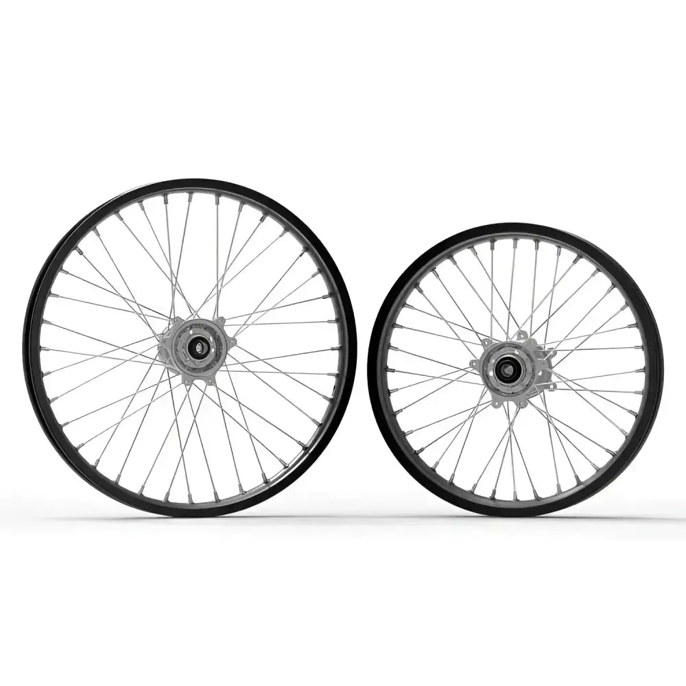20-inch black silver Sur Ron Ultra Bee wheels with rainbow spokes