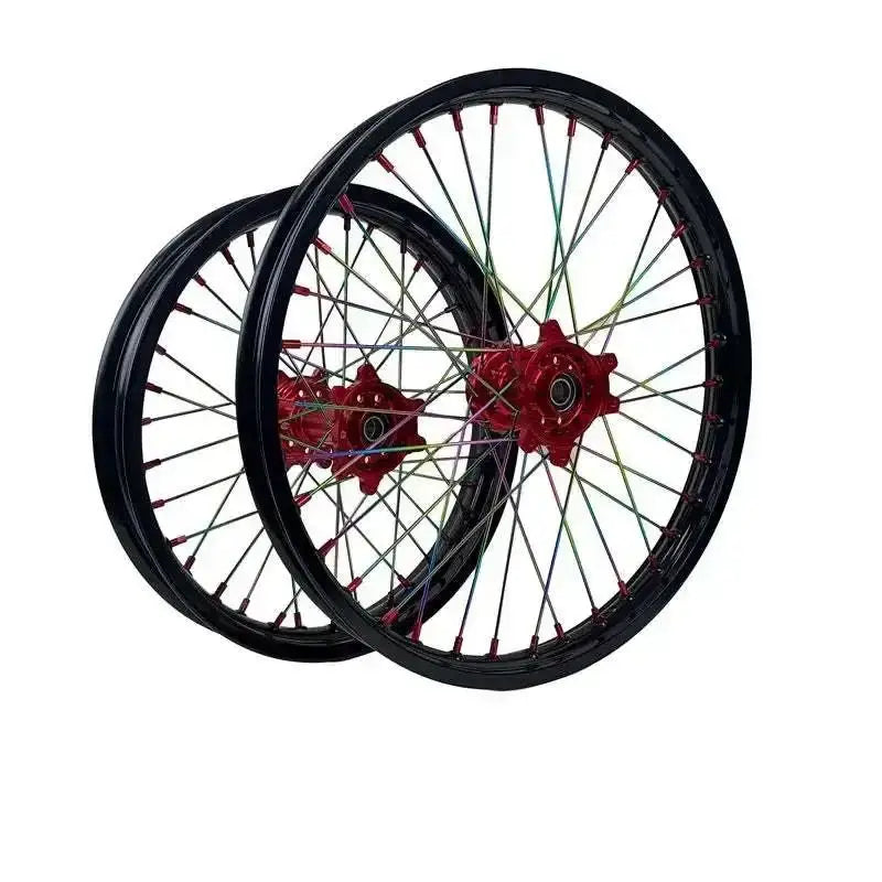 20-inch black and red Sur Ron Ultra Bee wheels with silver spokes