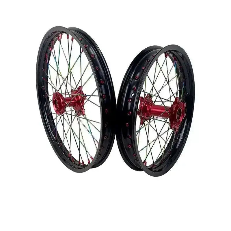 Black and red Sur Ron aluminum wheel set with rainbow spokes