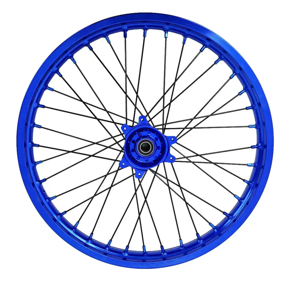 Blue 21-inch aluminum alloy motorcycle wheel with black spokes and silver hub for Sur Ron Ultra Bee