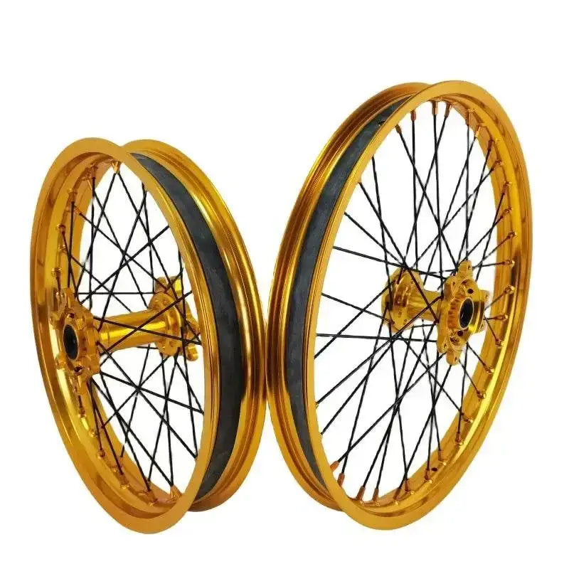 21-inch and 18-inch blue Sur Ron Ultra Bee aluminum alloy wheel set with gold wire-spoke rims