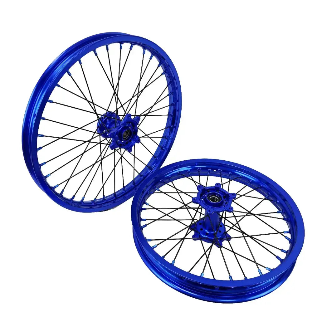Blue 21 18 inch aluminum alloy Sur Ron Ultra Bee motorcycle wheel set with silver spokes and hubs