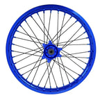 Blue 21’’ 18’’ aluminum alloy Sur Ron Ultra Bee motorcycle wheel with black spokes and silver hub