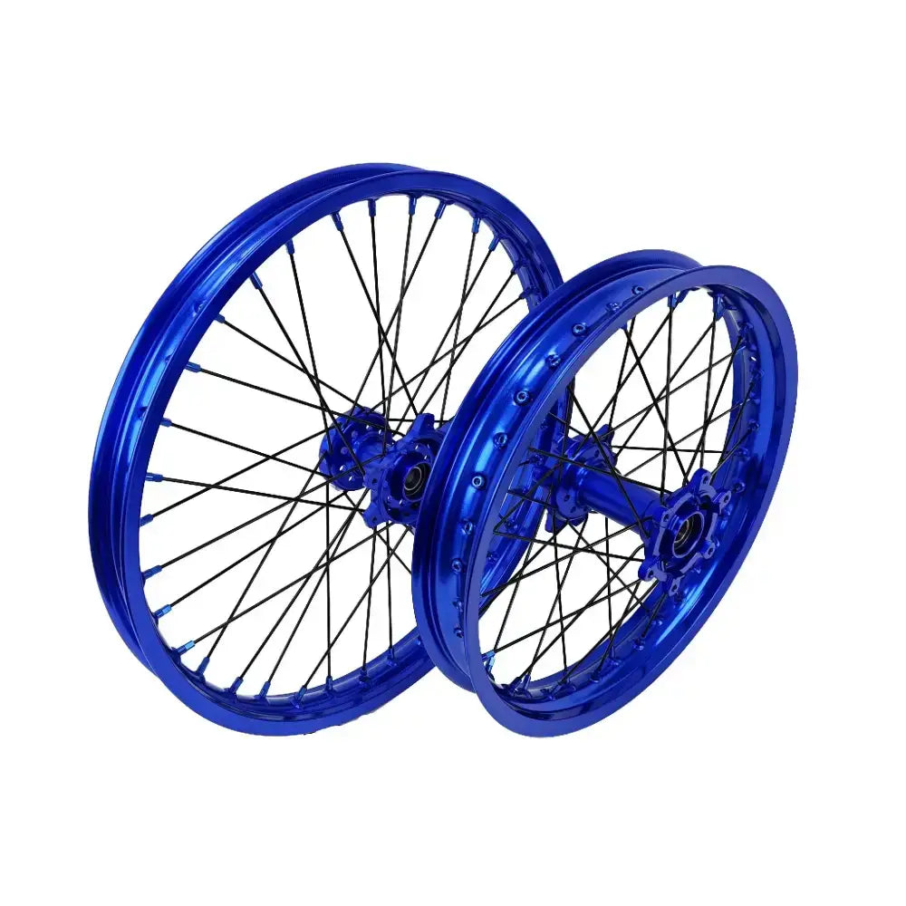 21-inch and 18-inch blue aluminum alloy wheel set with black spokes and silver hub for Sur Ron Ultra Bee
