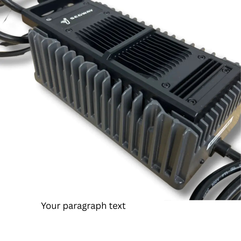 Black rectangular Segway X260 battery charger with ribbed fins and logo