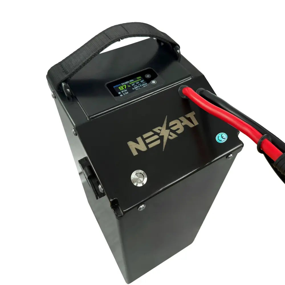 Nexbat 72V 50Ah Sur-Ron Light Bee battery with portable charger display and red cables