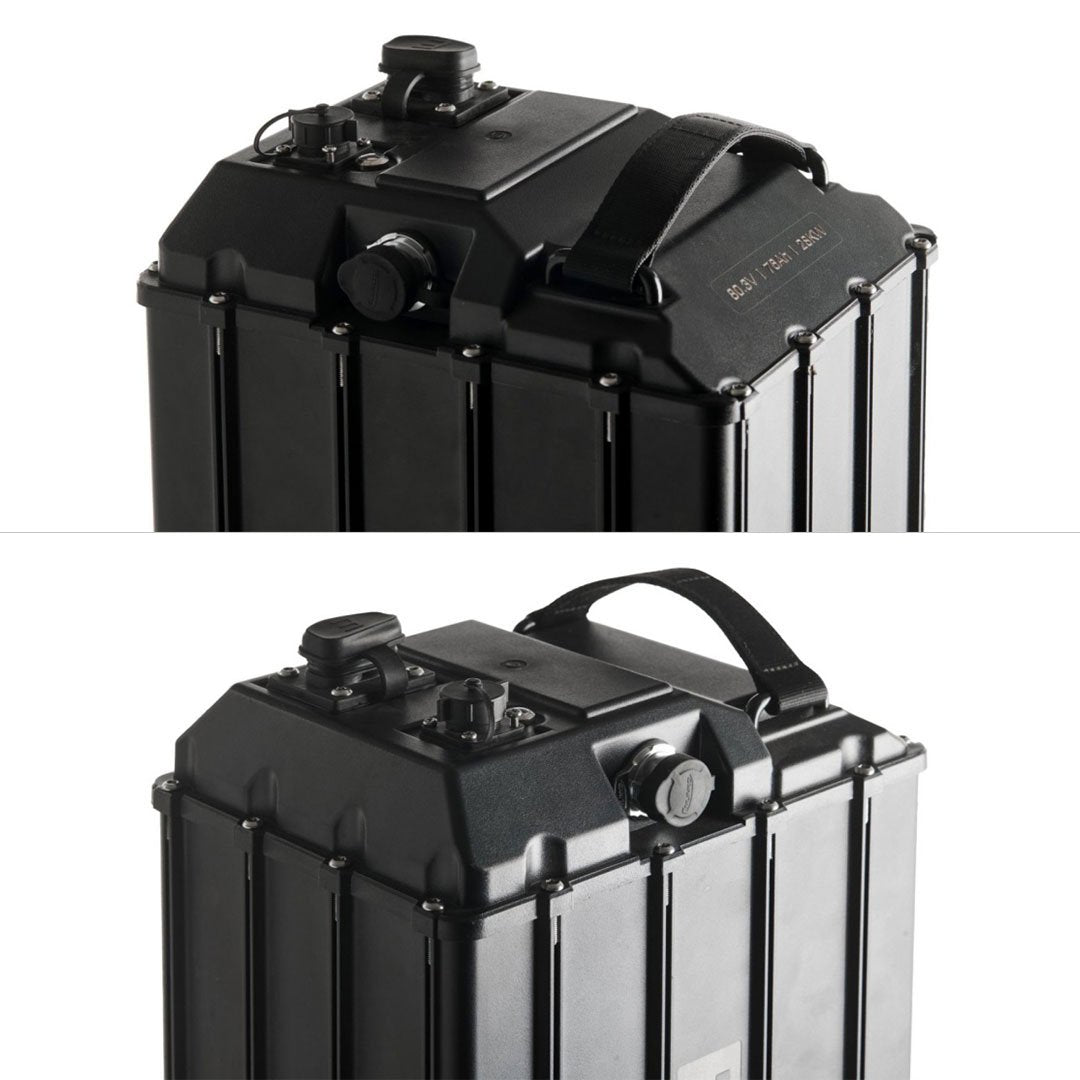 Black metal travel case with handle and latches for EWatt 80V 76Ah Sur-Ron Ultra Bee battery upgrade