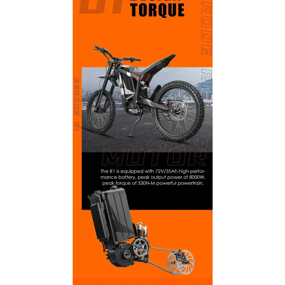 HEZZO 8000W electric dirt bike, 75V 18Ah battery, black frame, orange accents