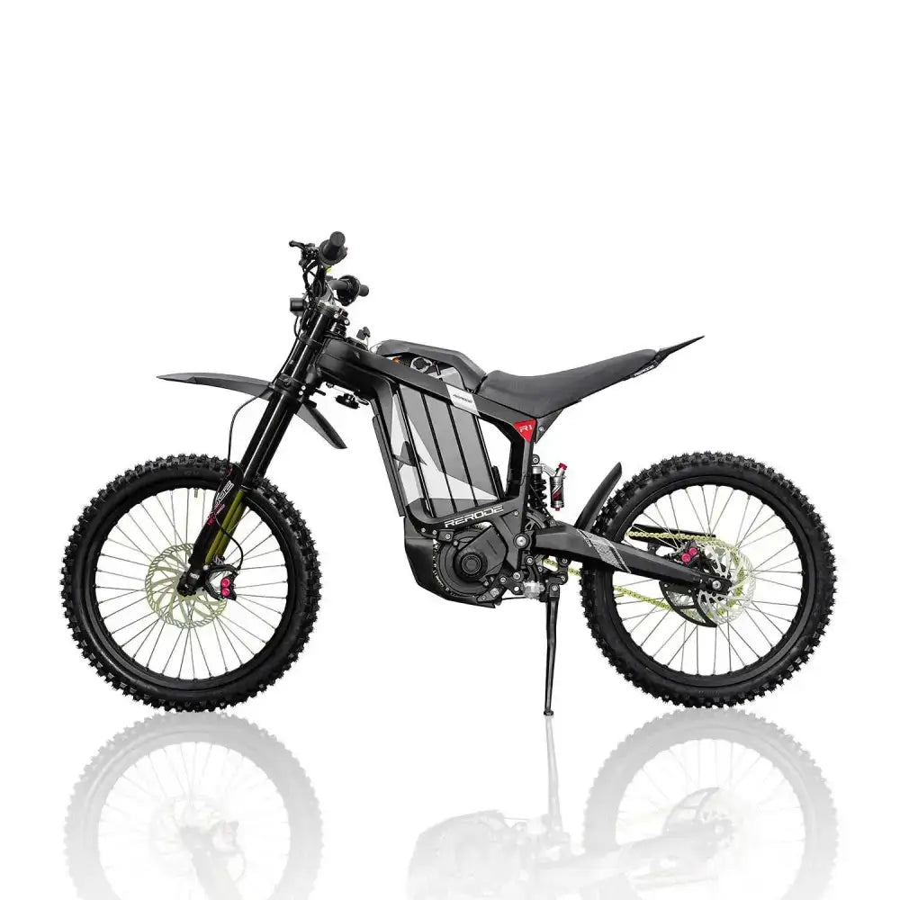 HEZZO 8000W electric dirt bike in matte black with red accents, carbon fiber frame