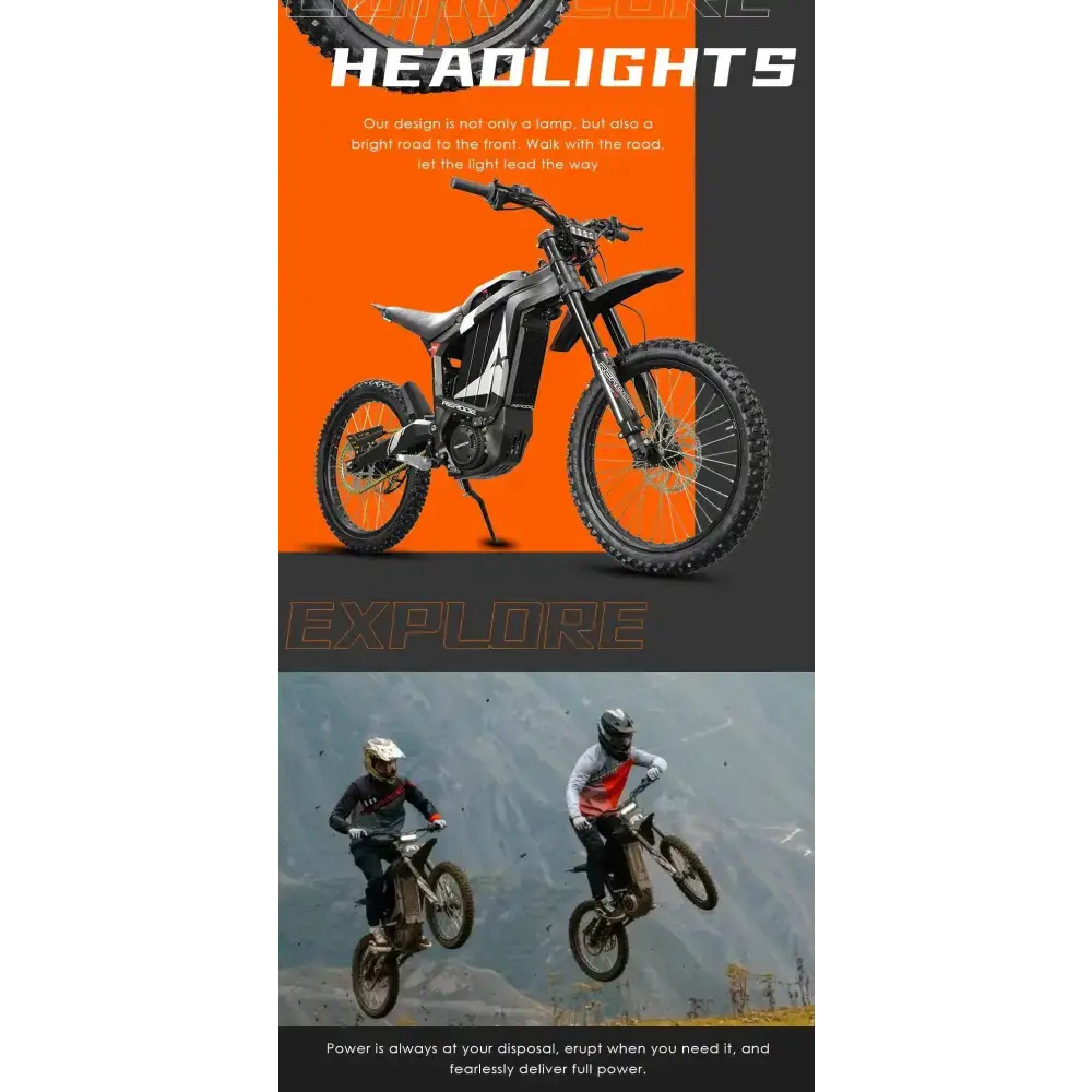 HEZZO 8000W electric dirt bike with 72V 35Ah battery, 53MPH, 75 miles range