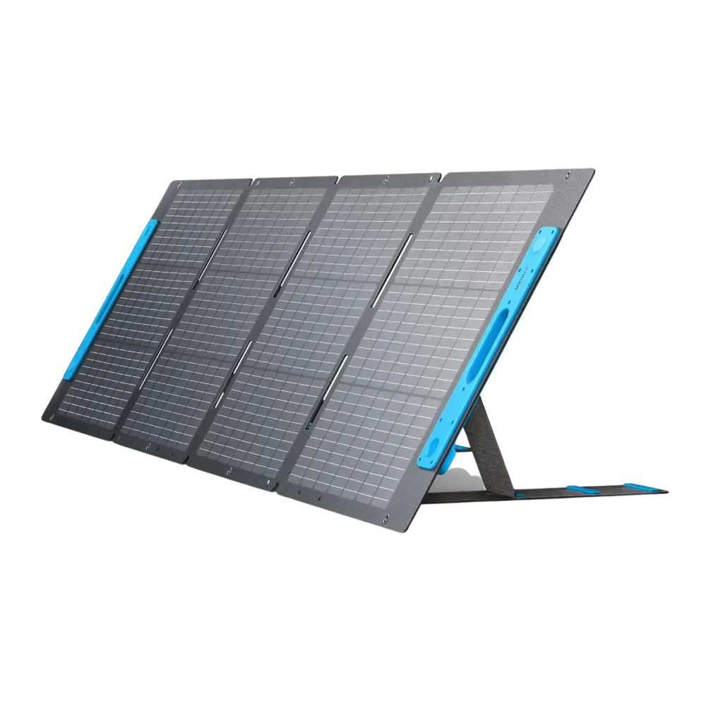 Anker SOLIX Foldable Solar Panel 200W with blue frame and silver panels